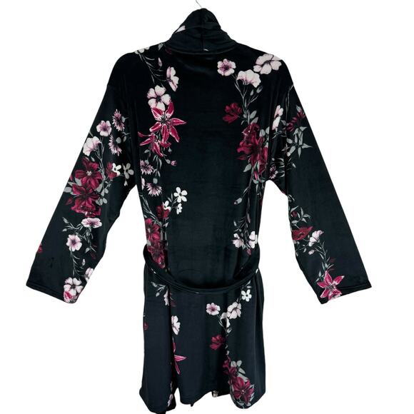 Nanette Lepore Black Floral Plush Soft Belted Bath Robe Pockets Size L - Picture 2 of 6